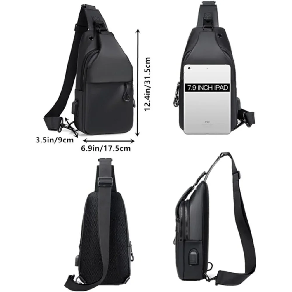 💫 Men Black Crossbody Bag Sling Waterproof USB Charging Port Headphone Backpack